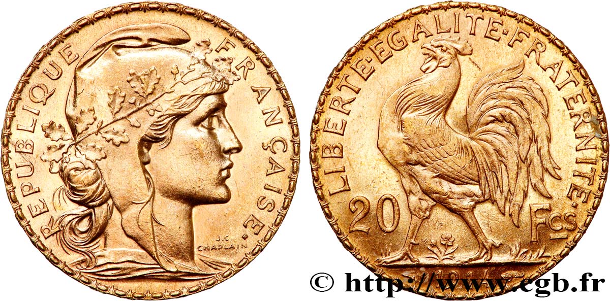 20 francs or Coq, Liberté Égalité Fraternité 1914 Paris F.535/8 SPL 