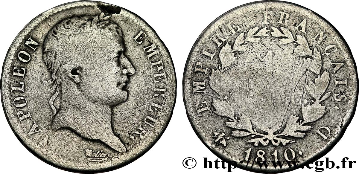 1 franc Napoléon Ier tête laurée, Empire français 1810 Lyon F.205/16 G6 