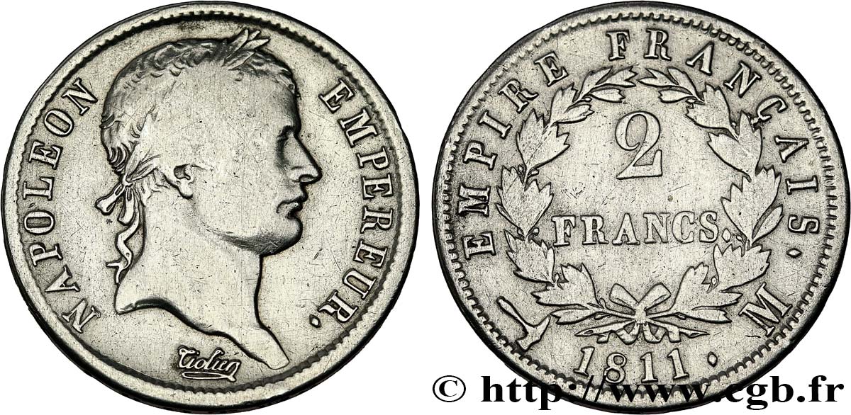 2 francs Napoléon Ier tête laurée, Empire français 1811 Toulouse F.255/32 TB 