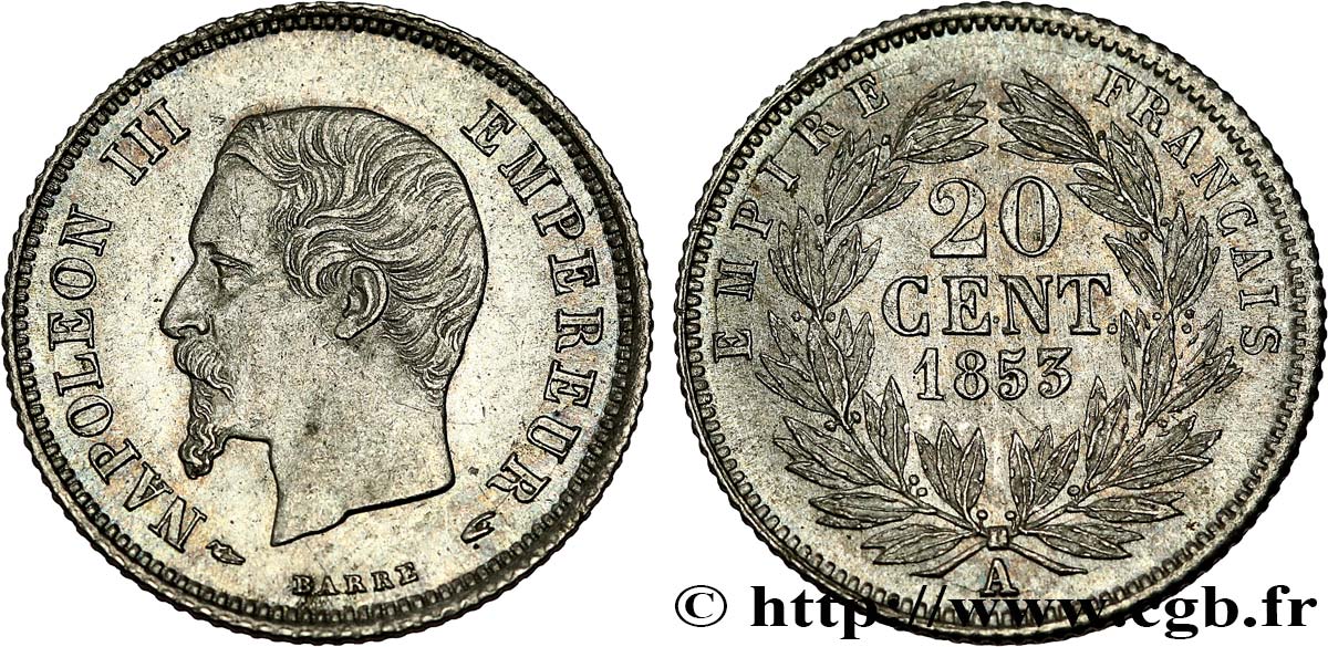 20 centimes Napoléon III, tête nue 1853 Paris F.148/1 VZ61 
