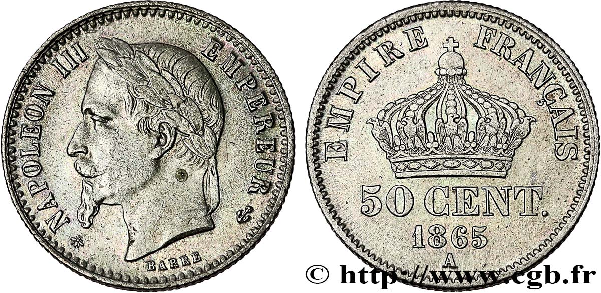 50 centimes Napoléon III, tête laurée 1865 Paris F.188/5 AU53 
