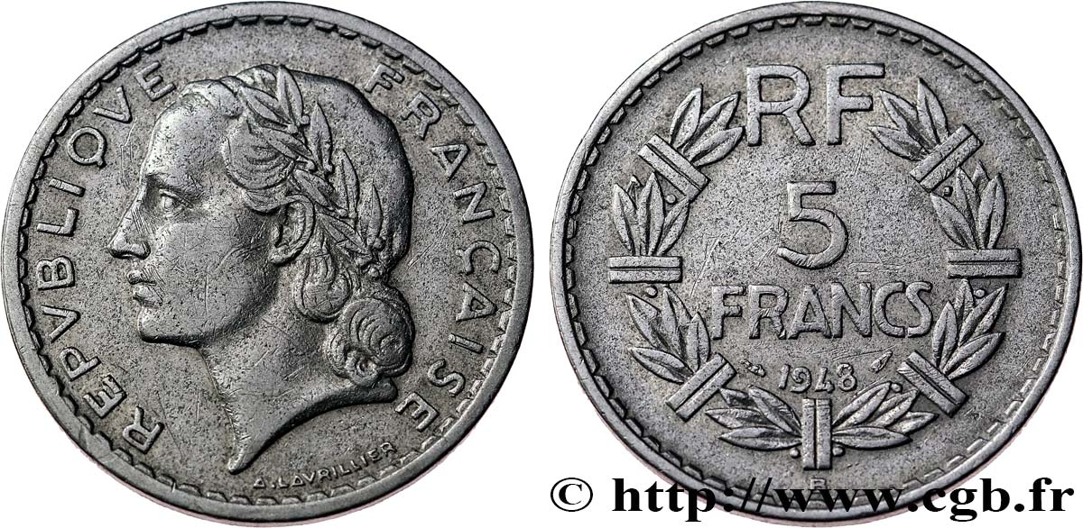 5 francs Lavrillier, aluminium 1948 Beaumont-Le-Roger F.339/15 VF 