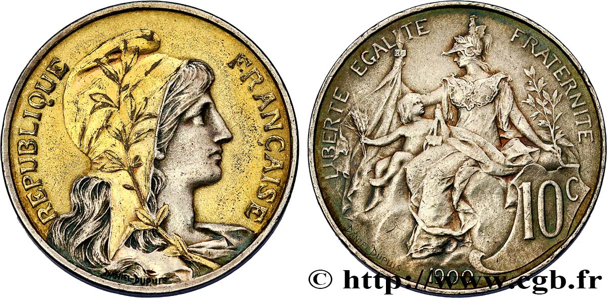 10 centimes Daniel-Dupuis, doré et argenté 1900  F.136/8 var. SPL 