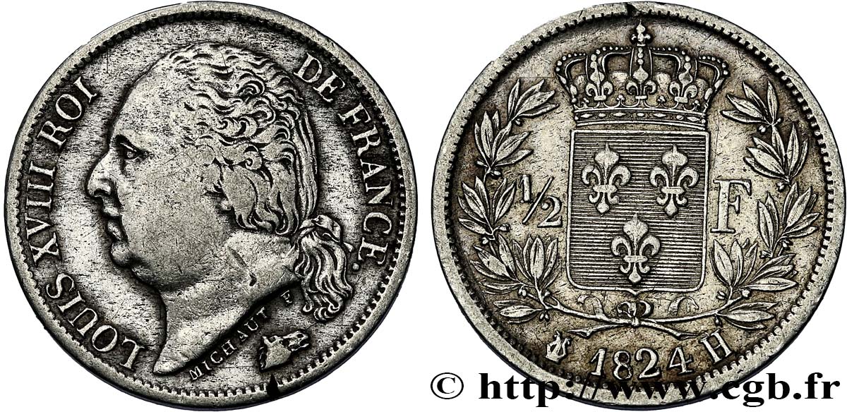 1/2 franc Louis XVIII 1824 La Rochelle F.179/46 MBC40 