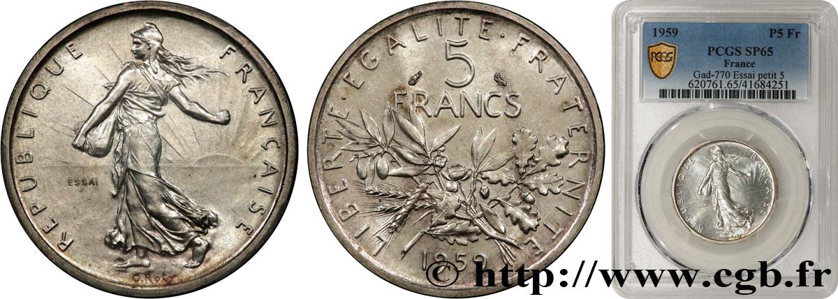 Essai de 5 francs Semeuse, argent, petit 5 1959 Paris F.340/2 FDC65 PCGS