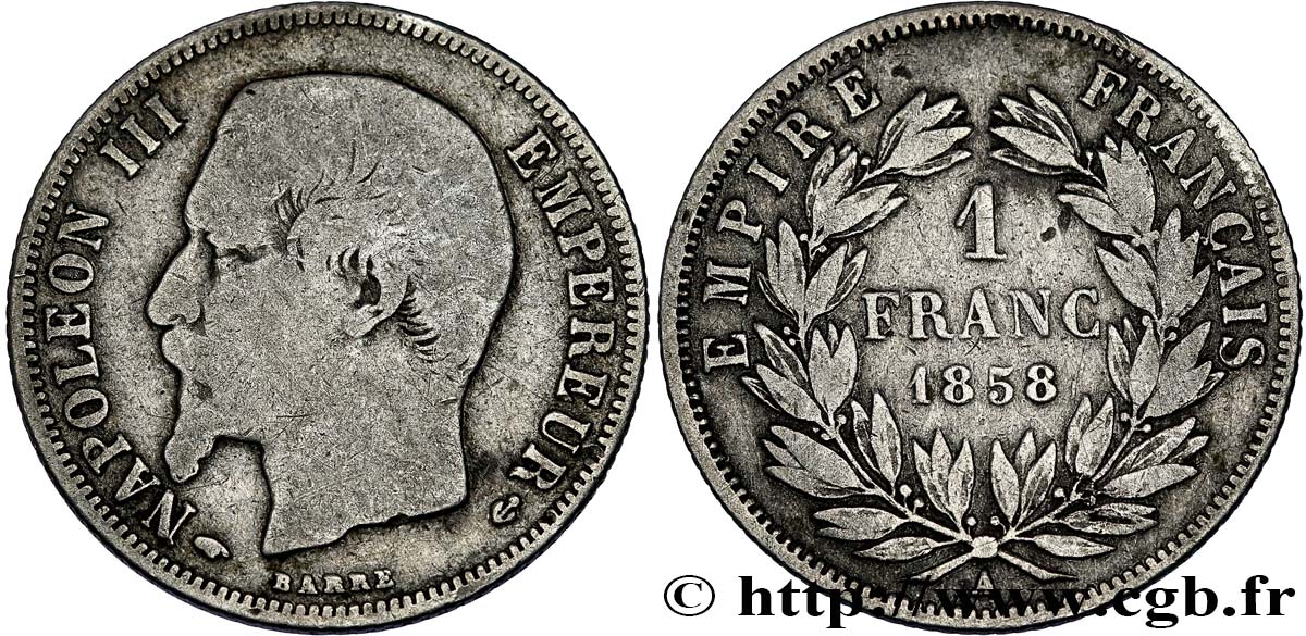 1 franc Napoléon III, tête nue 1858 Paris F.214/11 q.MB 