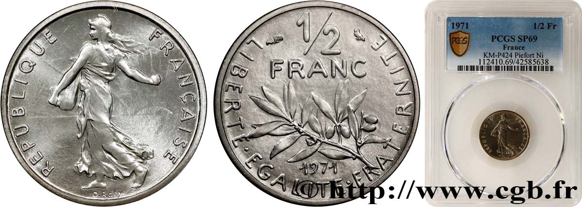 Piéfort nickel de 1/2 franc Semeuse 1971 Pessac GEM.91 P1 MS69 PCGS