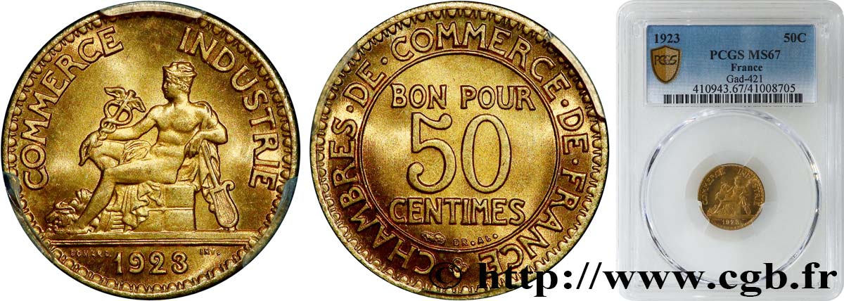 50 centimes Chambres de Commerce 1923 Paris F.191/5 ST67 PCGS