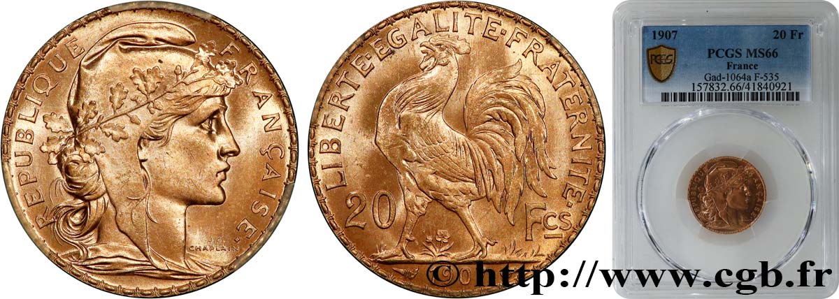 20 francs or Coq, Liberté Égalité Fraternité 1907 Paris F.535/1 MS66 PCGS