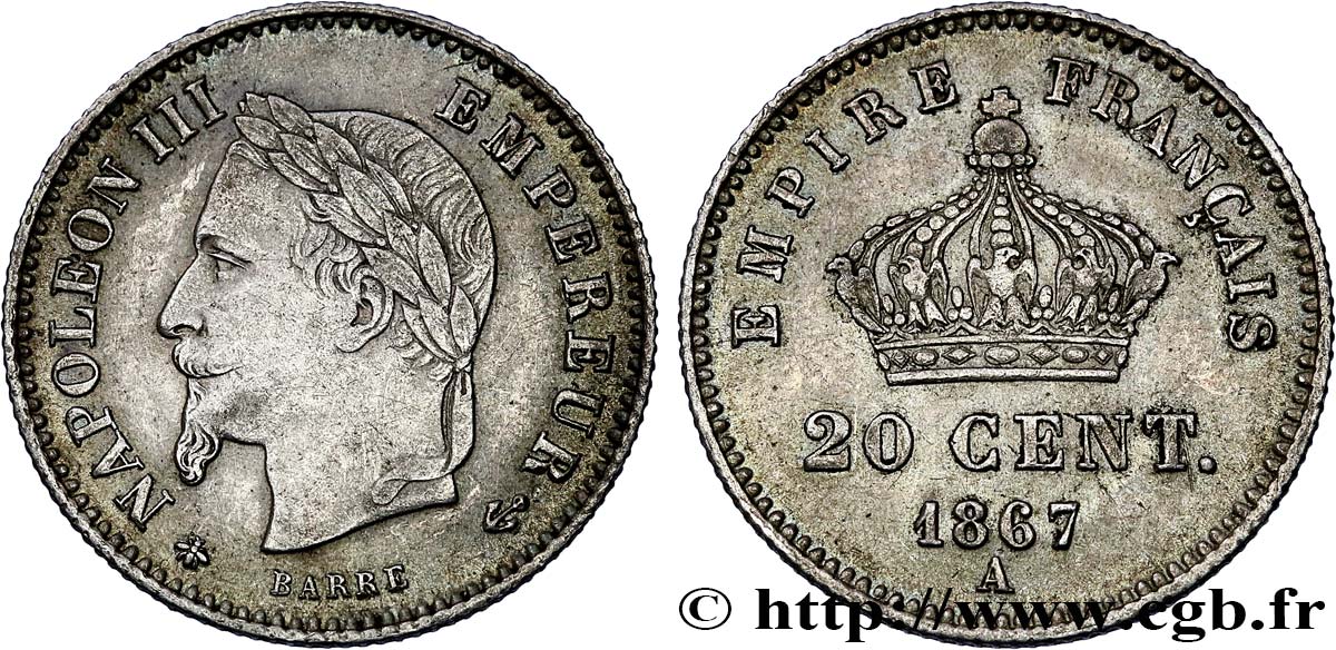 20 centimes Napoléon III, tête laurée, grand module 1867 Paris F.150/1 q.SPL 