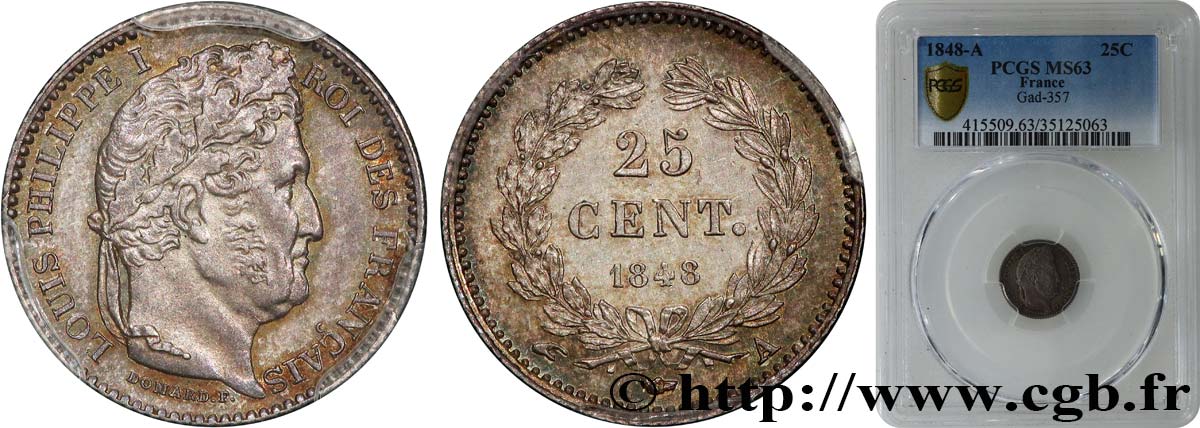 25 centimes Louis-Philippe 1848 Paris F.167/12 MS63 PCGS