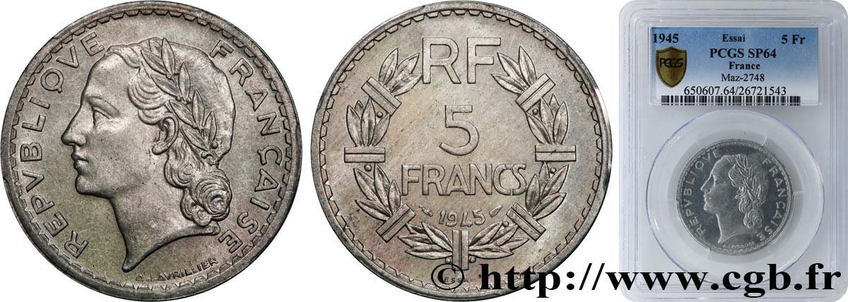 Essai de 5 francs Lavrillier, aluminium 1945  F.339/1 SPL64 PCGS