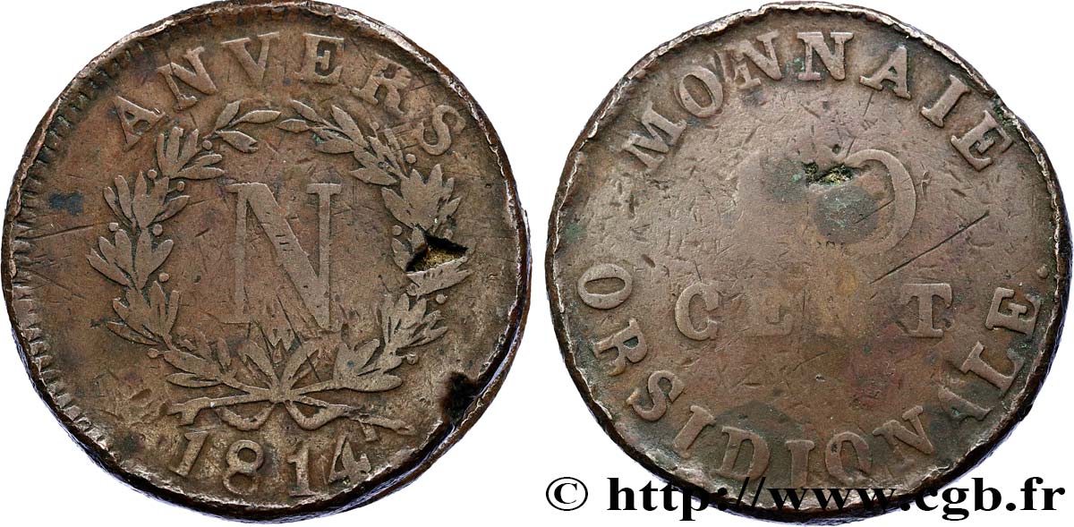 10 cent. Anvers à l’N, frappe de l’atelier de Wolschot 1814 Anvers F.130A/3 B10 