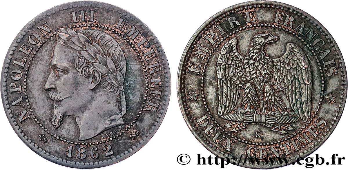 Deux centimes Napoléon III, tête laurée, buste définitif 1862 Bordeaux F.108A/7 AU50 