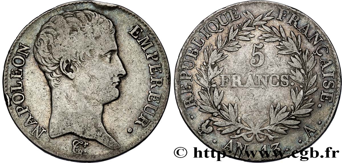 5 francs Napoléon Empereur, Calendrier révolutionnaire 1805 Paris F.303/2 TB25 
