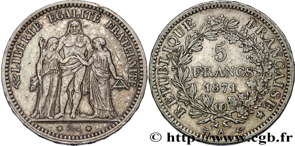 5 francs Hercule, dite “Camélinat” 1871 Paris F.334/3 MBC45 