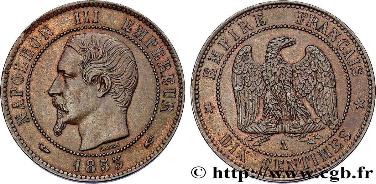 Dix centimes Napoléon III, tête nue 1853 Paris F.133/2 VZ61 