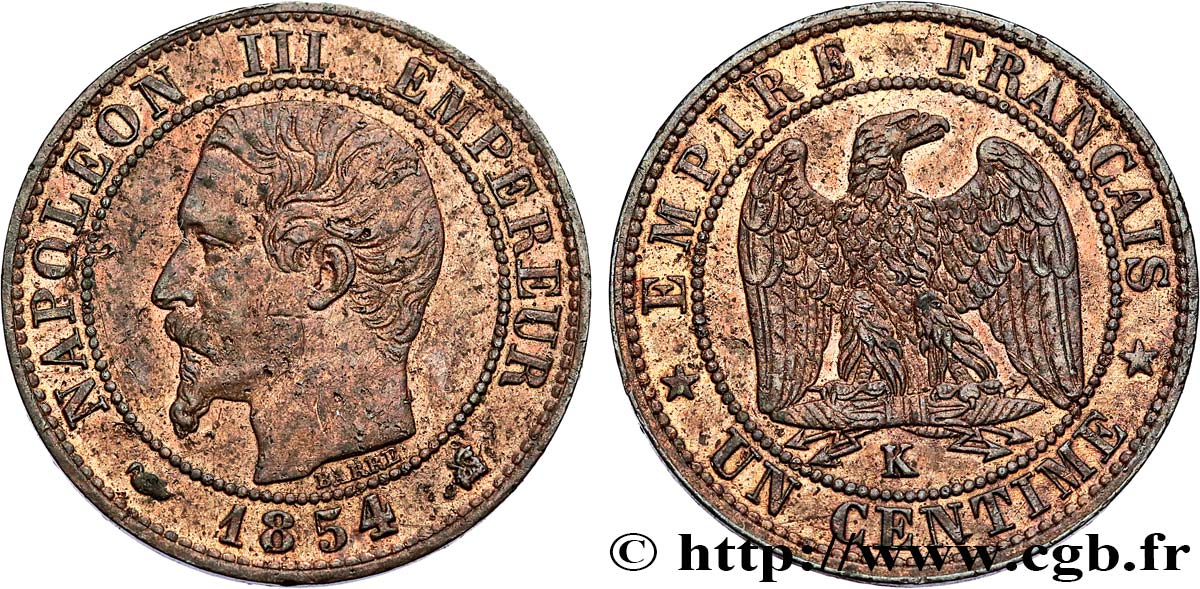 Un centime Napoléon III, tête nue 1854 Bordeaux F.102/13 TTB 