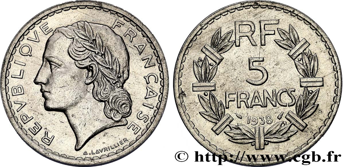 5 francs Lavrillier, nickel 1938  F.336/7 TTB+ 