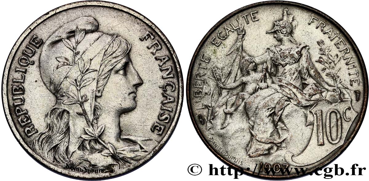10 centimes Daniel-Dupuis, Argenté 1907  F.136/16 var. AU 