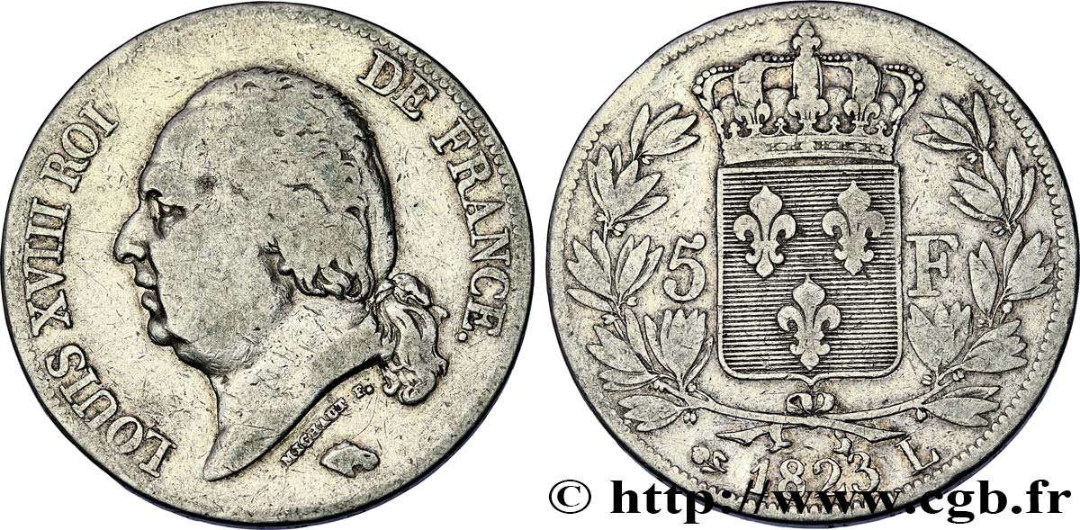 5 francs Louis XVIII, tête nue 1823 Bayonne F.309/81 VF 