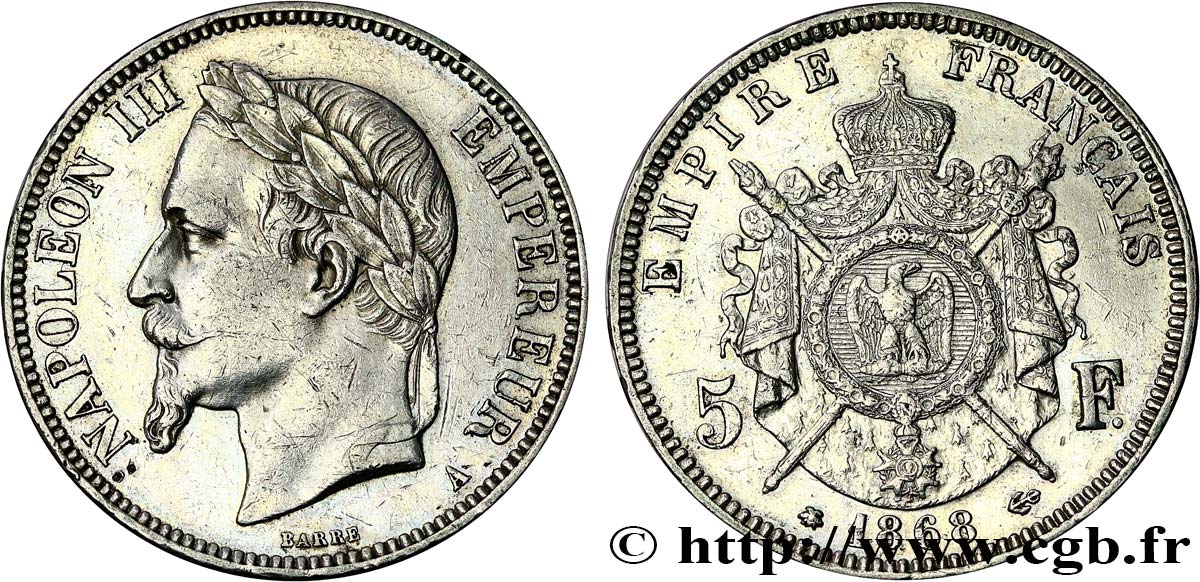 5 francs Napoléon III, tête laurée 1868 Paris F.331/12 BB 