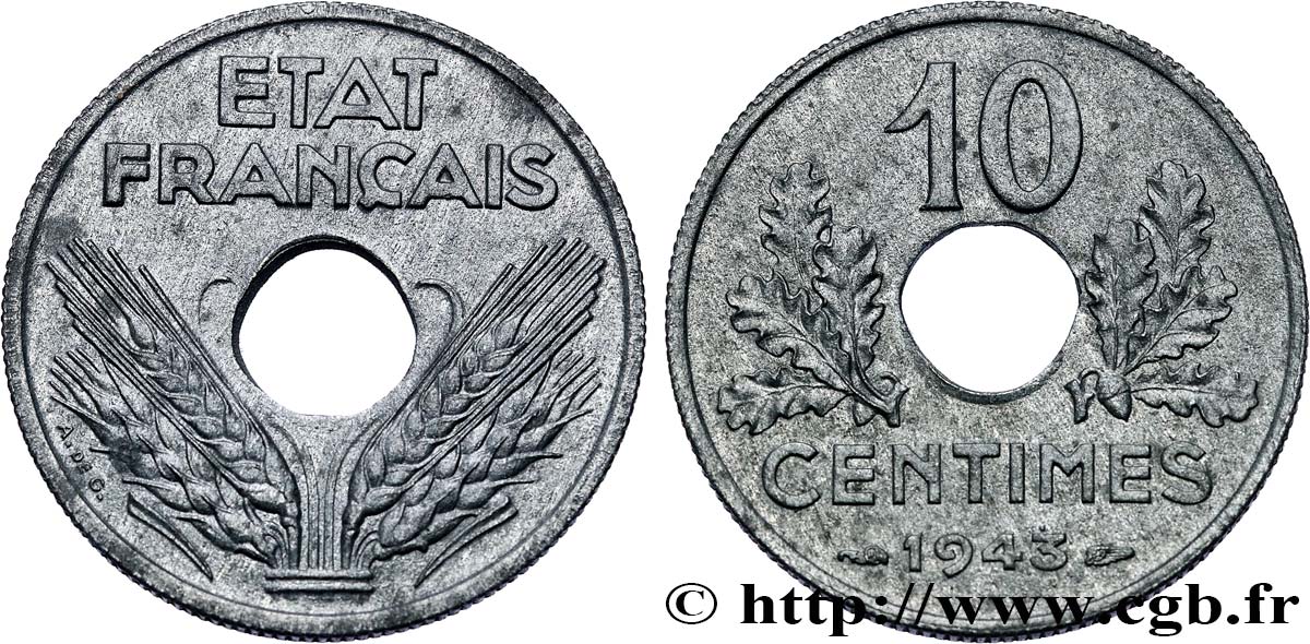 10 centimes État français, grand module 1943  F.141/5 SPL63 