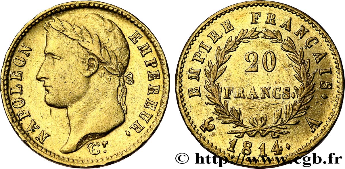 20 francs or Napoléon tête laurée, Empire français 1814 Paris F.516/39 SS 