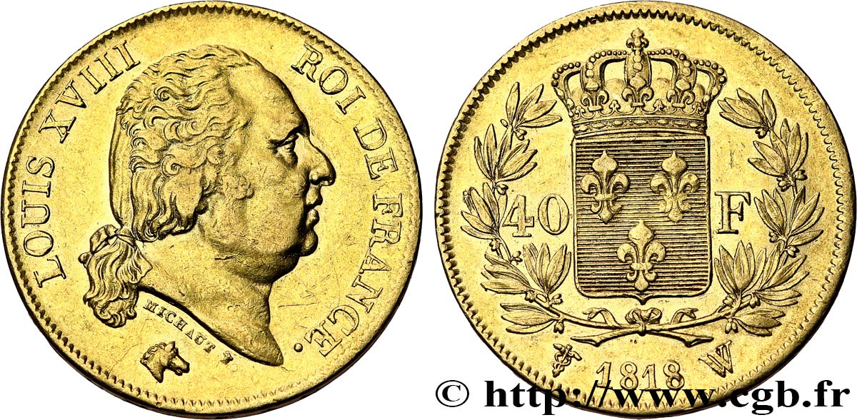 40 francs or Louis XVIII 1818 Lille F.542/8 MBC 