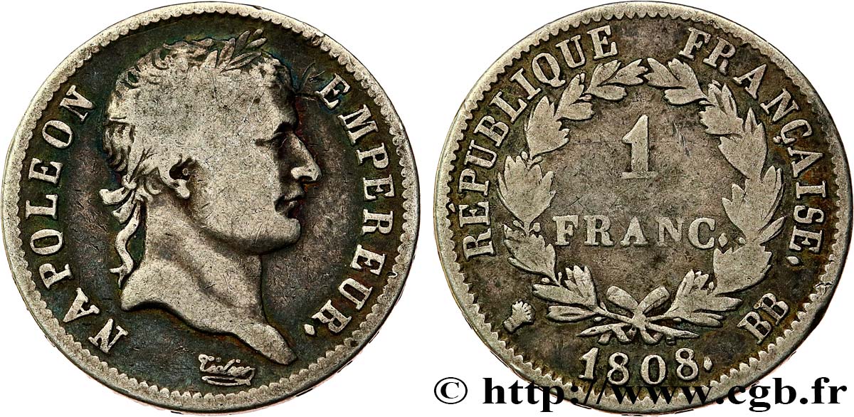 1 franc Napoléon Ier tête laurée, République française 1808 Strasbourg F.204/4 VF 