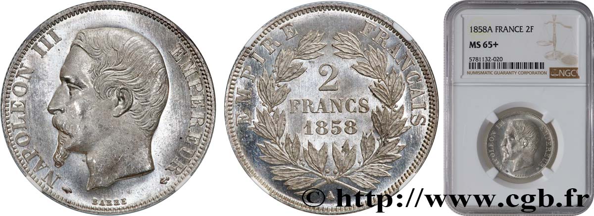 2 francs Napoléon III, tête nue 1858 Paris F.262/10 FDC65 NGC