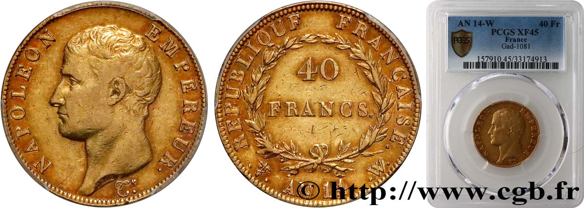 40 francs or Napoléon tête nue, Calendrier révolutionnaire 1805 Lille F.537/4 TTB45 PCGS