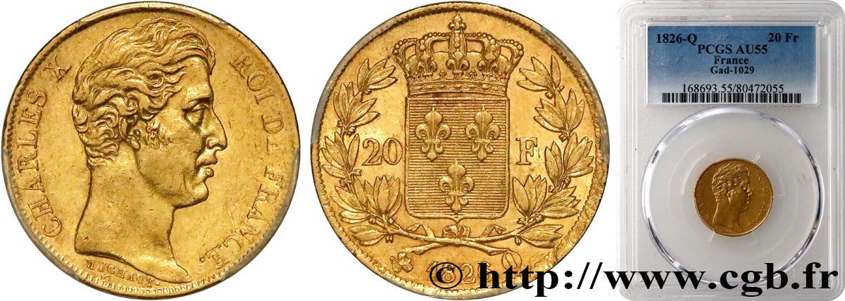 20 francs or Charles X, matrice du revers à quatre feuilles et demie 1826 Perpignan F.520/4 SUP55 PCGS