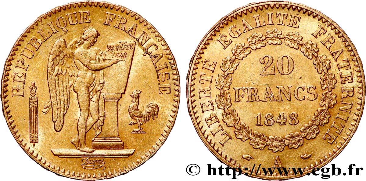 20 francs or Génie, IIe République 1848 Paris F.528/1 AU55 