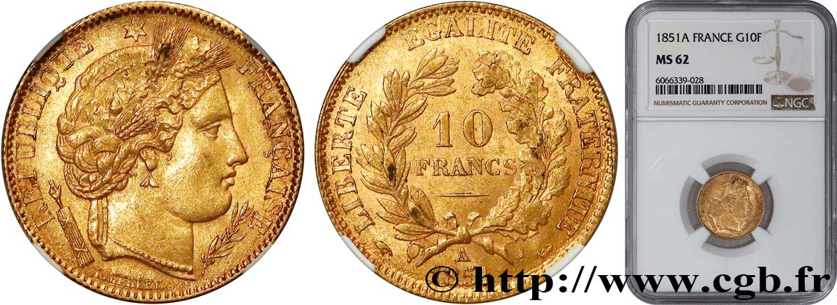 10 francs or Cérès, IIe République 1851 Paris F.504/3 EBC62 NGC