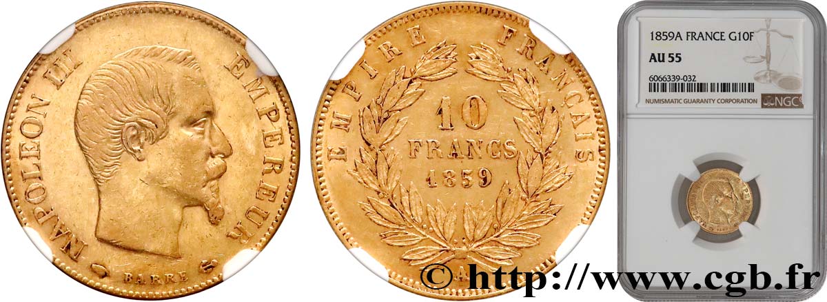 10 francs or Napoléon III, tête nue 1859 Paris F.506/7 AU55 NGC