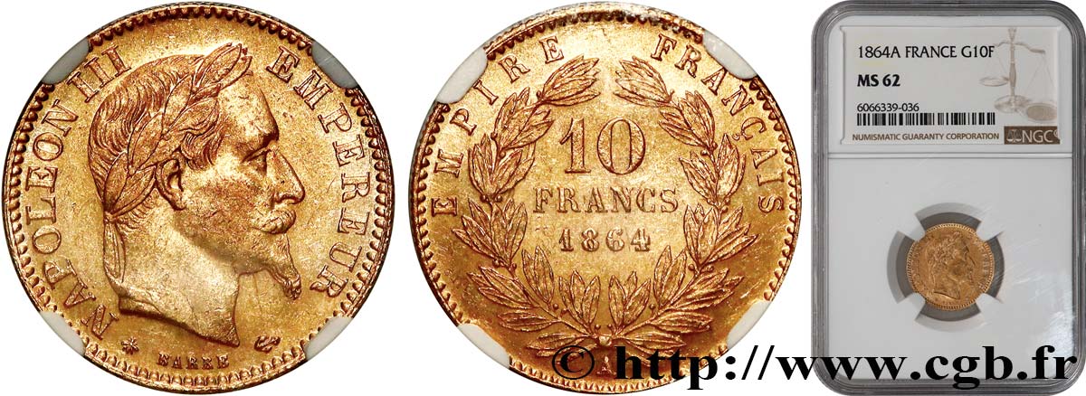 10 francs or Napoléon III, tête laurée 1864 Paris F.507A/6 MS62 NGC