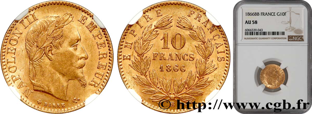 10 francs or Napoléon III, tête laurée 1866 Strasbourg F.507A/14 SUP58 NGC