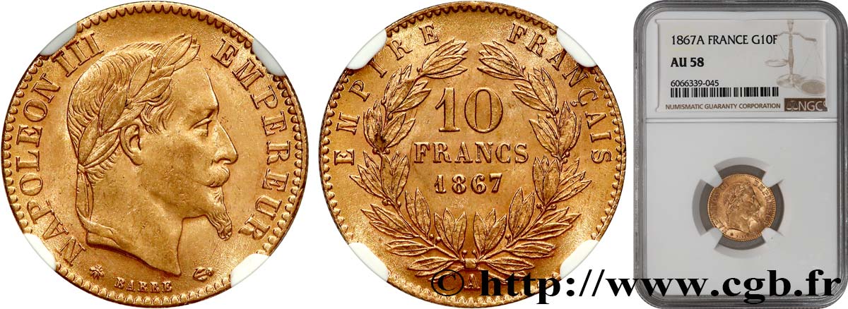 10 francs or Napoléon III, tête laurée 1867 Paris F.507A/15 EBC58 NGC
