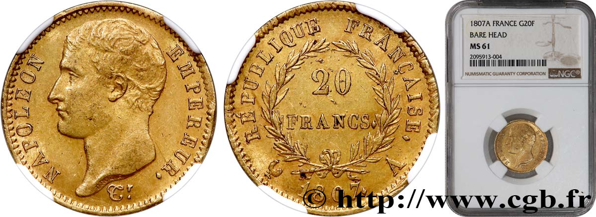 20 francs or Napoléon tête nue, type transitoire 1807 Paris F.514/1 SPL61 NGC