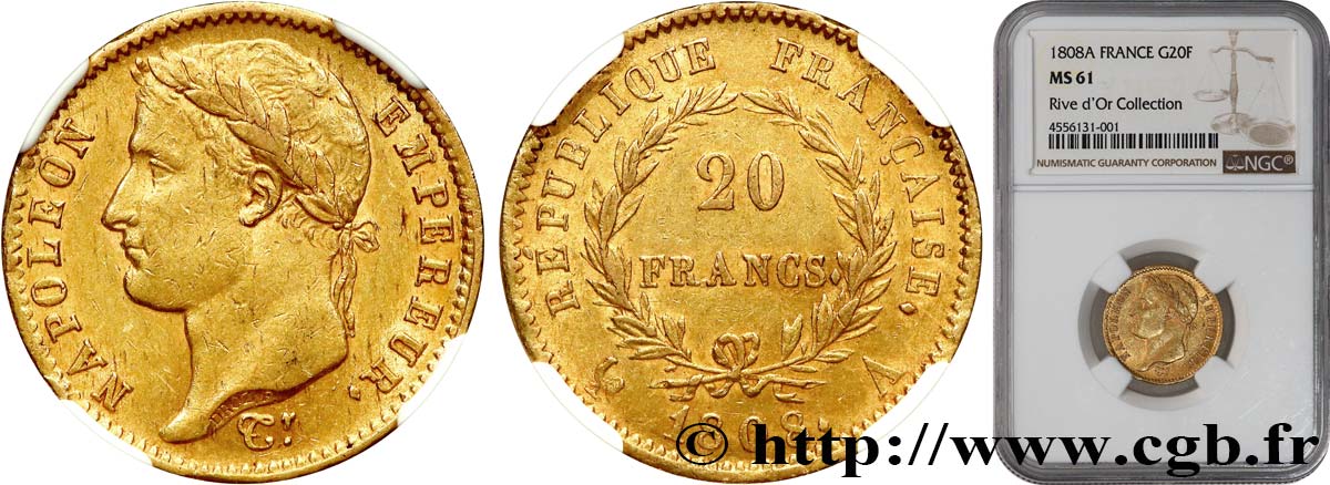20 francs or Napoléon tête laurée, République française 1808 Paris F.515/2 SPL61 NGC