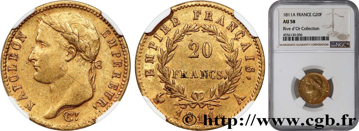 20 francs or Napoléon, tête laurée, Empire français 1811 Paris F.516/16 AU58 NGC