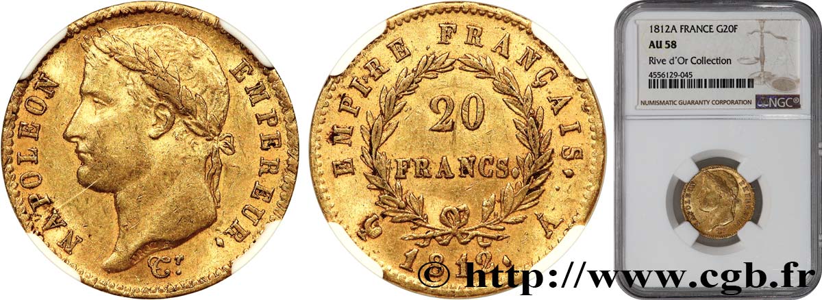 20 francs or Napoléon tête laurée, Empire français 1812 Paris F.516/22 AU58 NGC