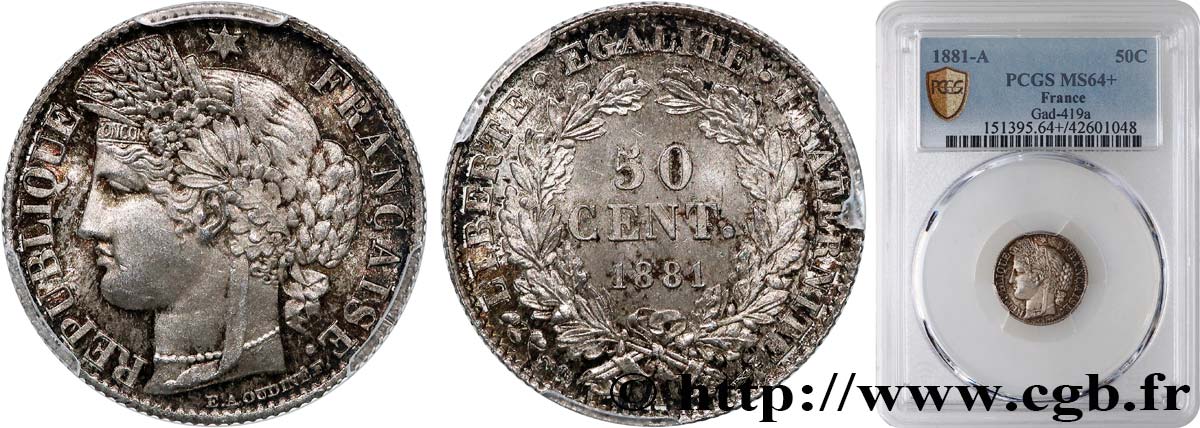 50 centimes Cérès, Troisième République 1881 Paris F.189/9 SC64 PCGS