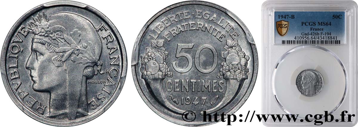 50 centimes Morlon, légère 1947 Beaumont-le-Roger F.194/11 SPL64 PCGS