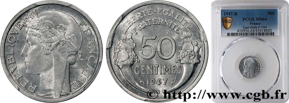 50 centimes Morlon, légère 1947 Beaumont-le-Roger F.194/11 MS64 PCGS