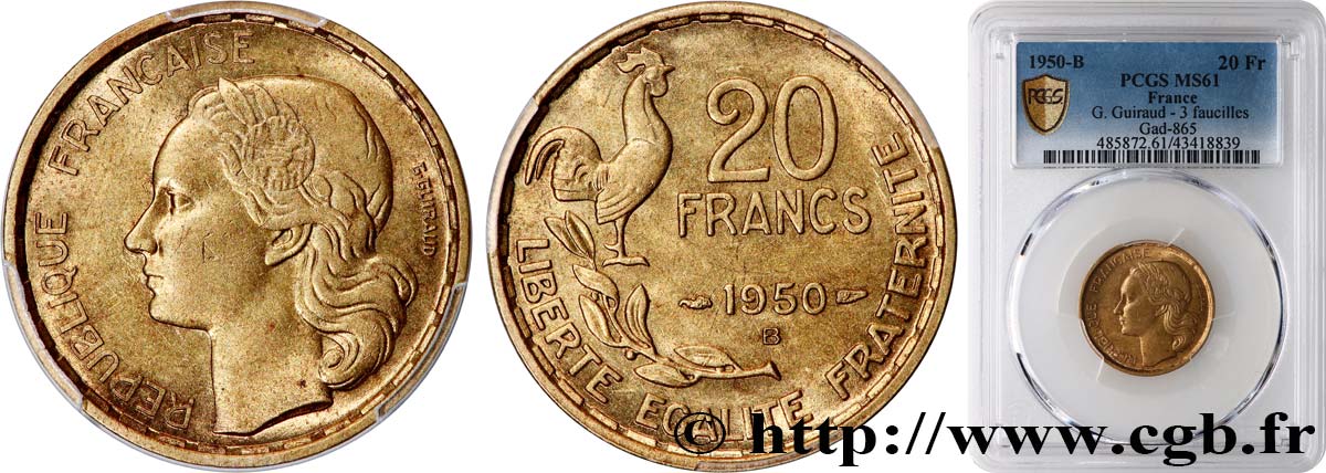 20 francs G. Guiraud, 3 faucilles 1950 Beaumont-Le-Roger F.402/5 SUP61 PCGS