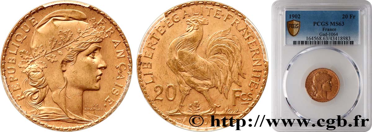 20 francs or Coq, Dieu protège la France 1902 Paris F.534/7 fST63 PCGS