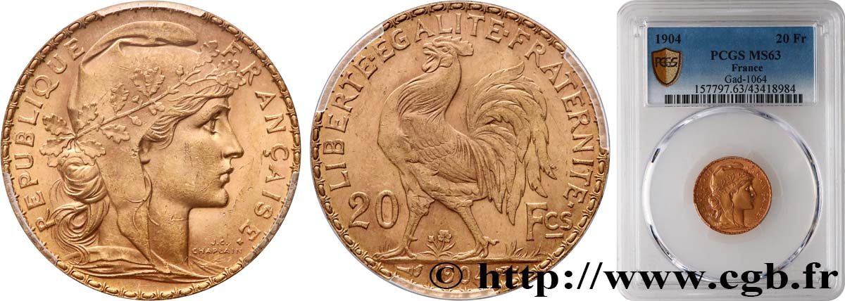 20 francs or Coq, Dieu protège la France 1904 Paris F.534/9 SC63 PCGS