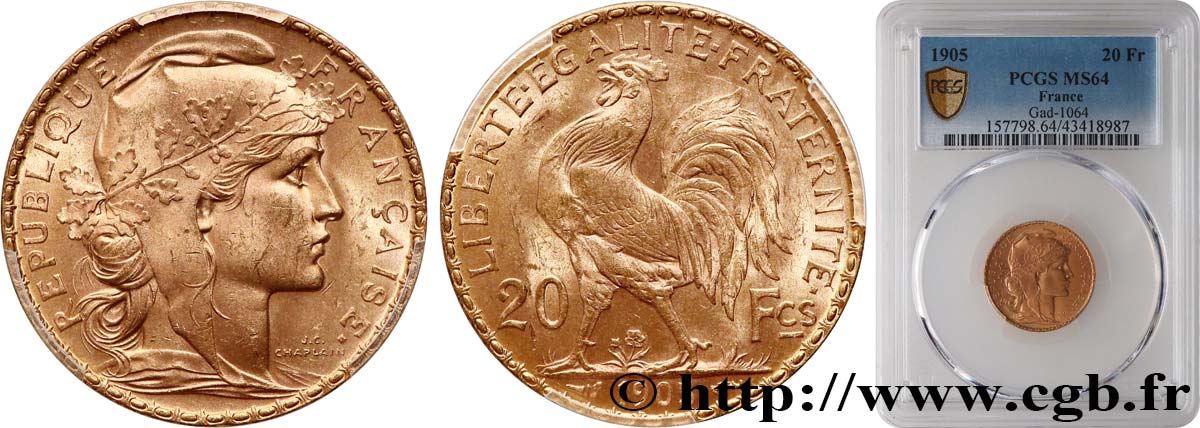 20 francs or Coq, Dieu protège la France 1905 Paris F.534/10 SPL64 PCGS